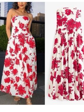 Abercrombie & Fitch White Strapless Maxi Dress with Red Floral Print